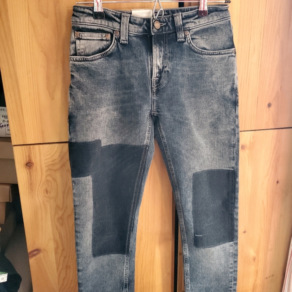 NWT Nudie Jeans The Skinny Lin Low Rise  Blue Grey Jeans With Colour Patches W27